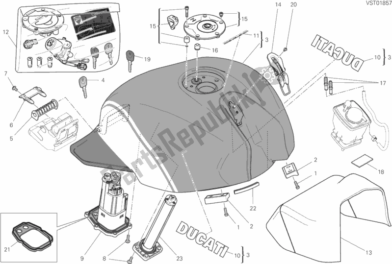 All parts for the Fuel Tank of the Ducati Monster 1200 25 TH Anniversario USA 2019